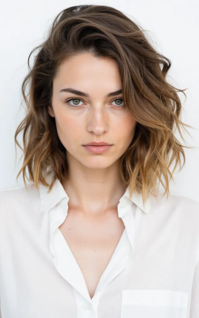 A French female model with Beachy waves, wearing a shirt, against a white background, in a front   facing bust portrait